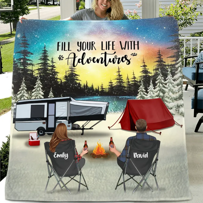 Custom Personalized Camping Xmas Fleece/Quilt Blanket - Christmas Gift For Camping Family/Couple/Single Parent/Solo - Upto 4 Kids and 5 Pets - Fill Your Life With Adventures