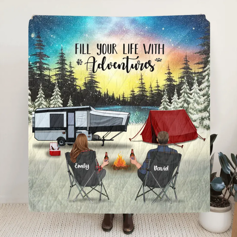 Personalized Camping Xmas Fleece Blanket/Quilt - Christmas Gift For Camping Family/Couple/Single Parent/Solo - Up to 4 Kids and 5 Pets - Fill Your Life With Adventures
