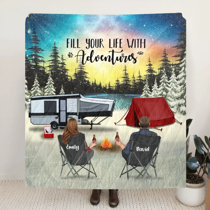 Custom Personalized Camping Xmas Fleece/Quilt Blanket - Christmas Gift For Camping Family/Couple/Single Parent/Solo - Upto 4 Kids and 5 Pets - Fill Your Life With Adventures