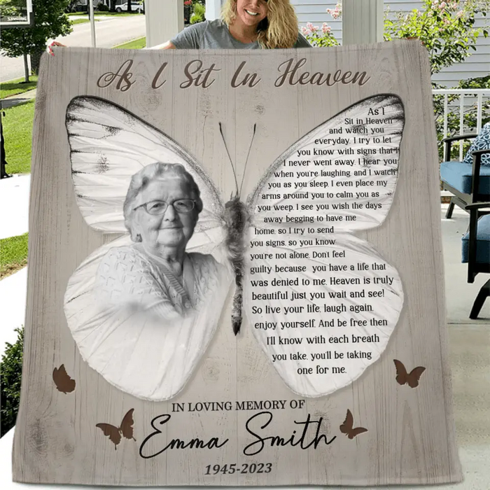 Custom Personalized Memorial Photo Single Layer Fleece/Quilt Blanket - Memorial Gift for Family - As I Sit In Heaven