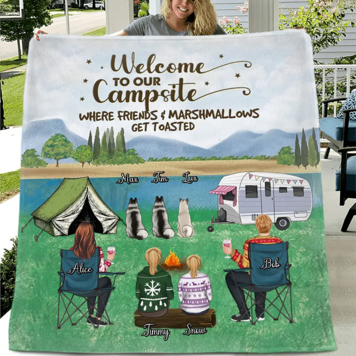 Custom Personalized Camping Pillow Cover/Quilt/Fleece Blanket - Adult/Couple/Single Parent/Parents with Upto 2 Kids And 3 Pets - Gift Idea For Couple/Camping/Dog/Cat Lovers - Making Memories One Campsite At A Time