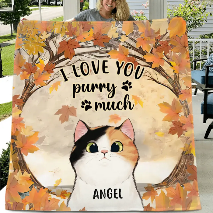 Personalized Cat Quilt/Single Layer Fleece Blanket - Gift Idea For Cat Lovers - Up to 6 Cats - I Love You Purry Much