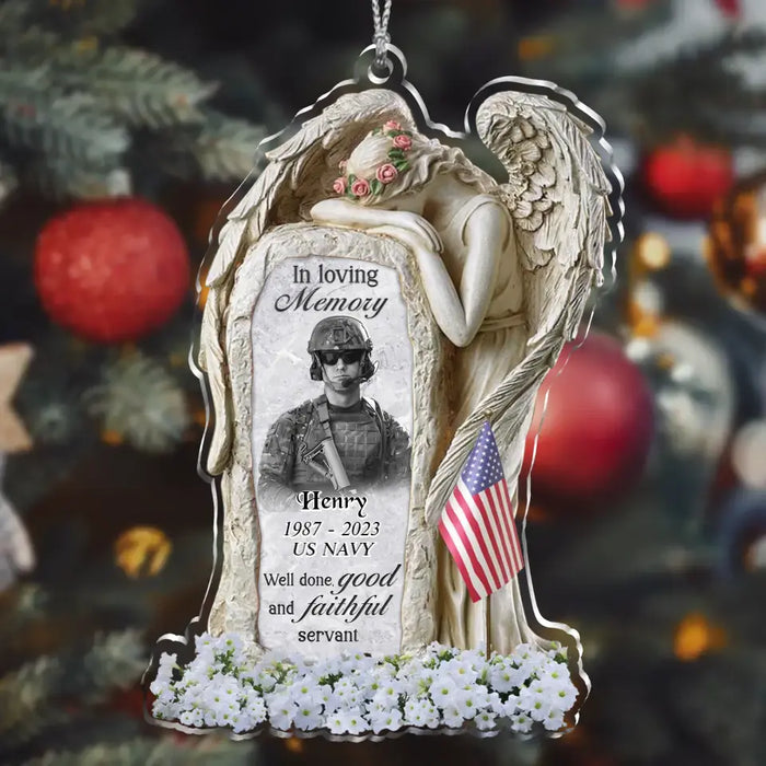 Custom Personalized Veteran Angel In Loving Memory Acrylic Ornament - Memorial Gift Idea For Veteran - Upload Photo - Well Done, Good And Faithful Servant