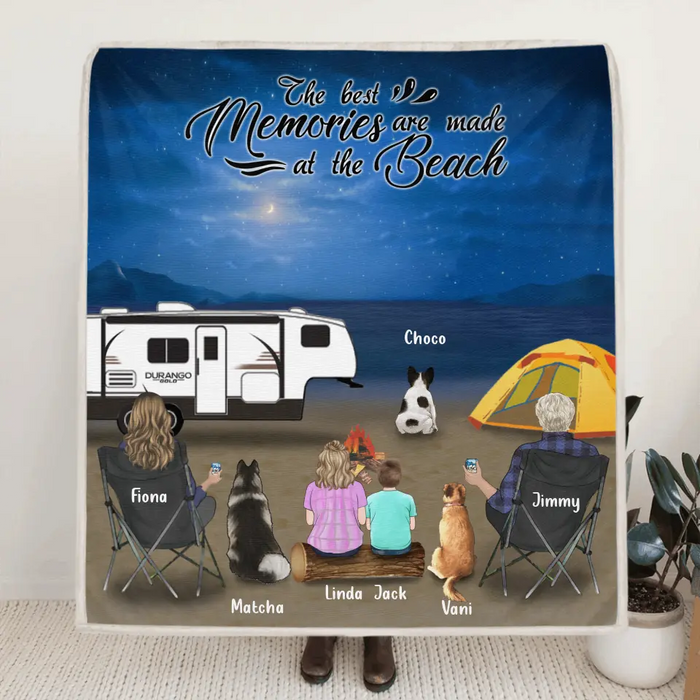 Custom Personalized Night Camping At Beach Fleece/ Quilt Blanket - Whole Family Upto 2 Kids 3 Pets - R8SZGQ