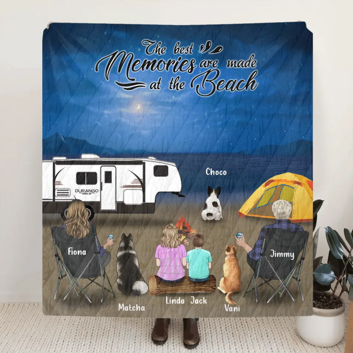 Custom Personalized Night Camping At Beach Fleece/ Quilt Blanket - Whole Family Upto 2 Kids 3 Pets - R8SZGQ