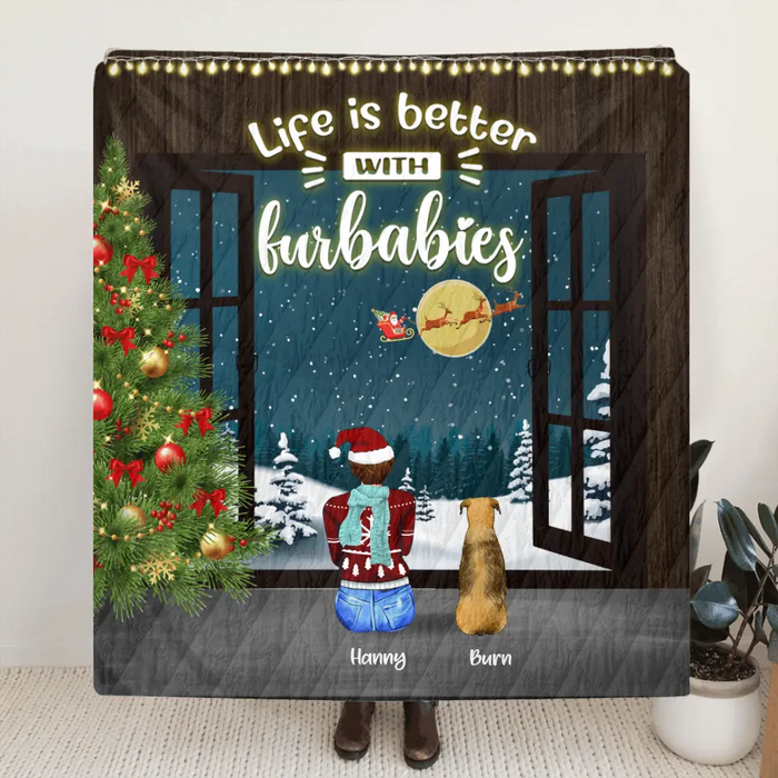 Custom Personalized Christmas By Window Quilt/ Fleece Blanket - Man/ Woman/ Couple With Upto 3 Kids - 4 Pets - Best Gift For Christmas - Life Is Better With Furbabies