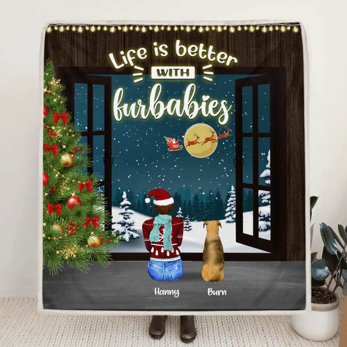 Custom Personalized Christmas By Window Quilt/ Fleece Blanket - Man/ Woman/ Couple With Upto 3 Kids - 4 Pets - Best Gift For Christmas - Life Is Better With Furbabies