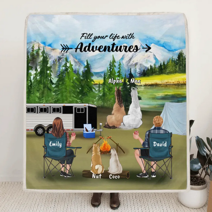 Custom Personalized Camping With Horses And Dogs Quilt/ Fleece Blanket - Couple With 2 Horses And 2 Dogs - Best Gift For Camping Lover
