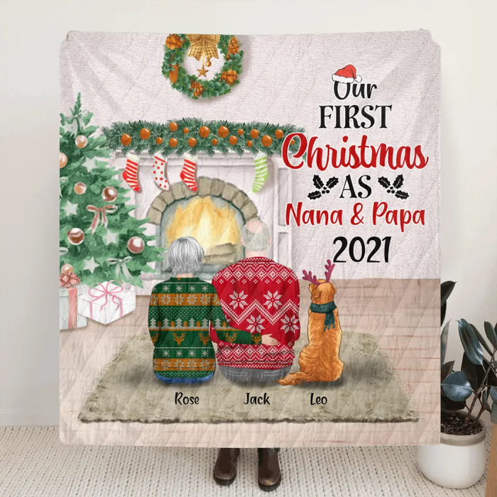 Custom Personalized First Christmas As Nana & Papa Quilt/ Fleece Blanket - Couple With Upto 4 Pets - Christmas Gift For Dog/ Cat Lover