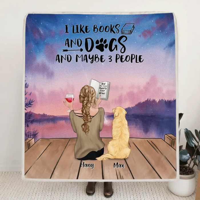 Custom Personalized Dog Book Mom Quilt/ Fleece Blanket & Pillow Cover - Woman With Upto 4 Dogs - Best Gift For Dog Lover - I Like Books And Dogs