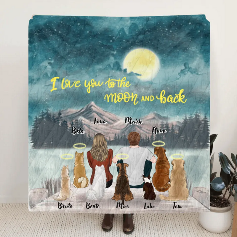 Personalized Couple Dog Quilt/Fleece Blanket - Up to 7 Dogs - Best Gift For Couple/Dog Lover - I Love You To The Moon And Back