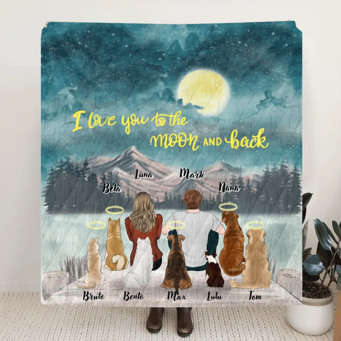 Custom Personalized Couple Dog Quilt/Fleece Blanket - Upto 7 Dogs - Best Gift For Couple/Dog Lover - I Love You To The Moon And Back