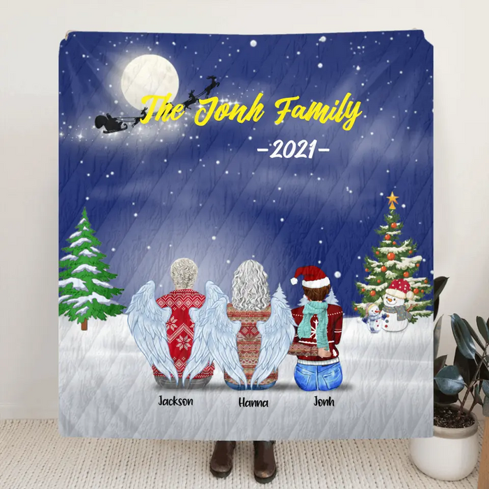 Custom Personalized Christmas With Whole Family Quilt/ Fleece Blanket - 3 Generations: Grandparents, Parents With Upto 4 Children And 4 Pets - Christmas Gift For The Whole Family