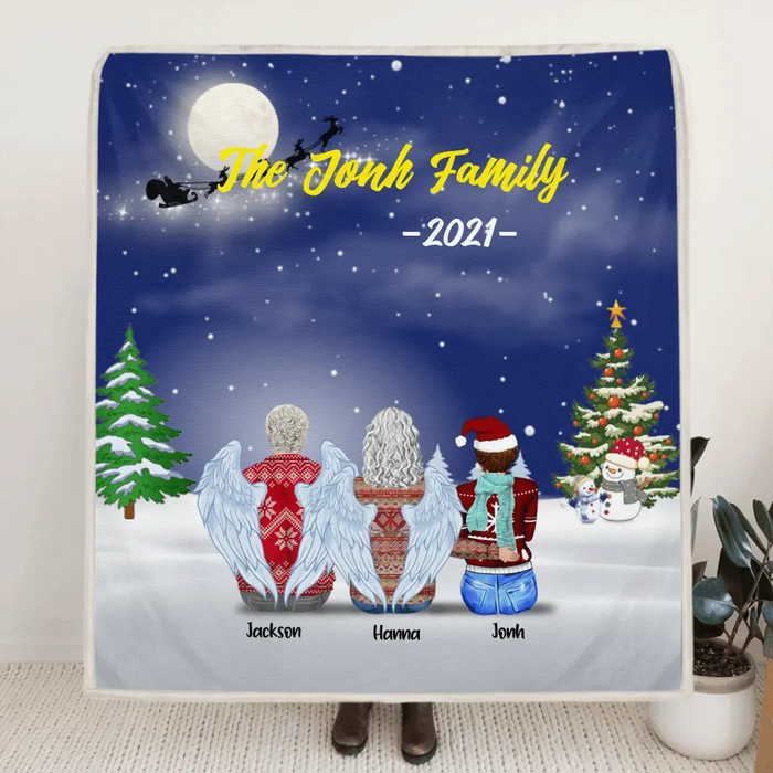 Custom Personalized Christmas With Whole Family Quilt/ Fleece Blanket - 3 Generations: Grandparents, Parents With Upto 4 Children And 4 Pets - Christmas Gift For The Whole Family