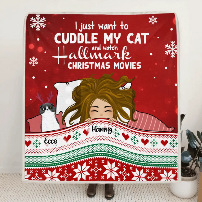 Custom Personalized Christmas Sleeping With Pets Quilt/ Fleece Blanket - Girl With Upto 4 Pets - Christmas Gift For Cat/ Dog Lover - I Just Want To Cuddle My Pets