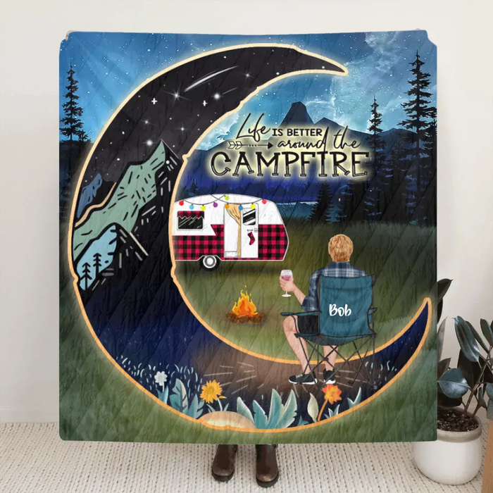 Custom Personalized Night Camping Moon Quilt/ Fleece Blanket - Man/ Woman/ Couple/ Parents With Upto 3 Kids And 5 Pets - Gift For Camping Lover - Life Is Better Around The Camfire