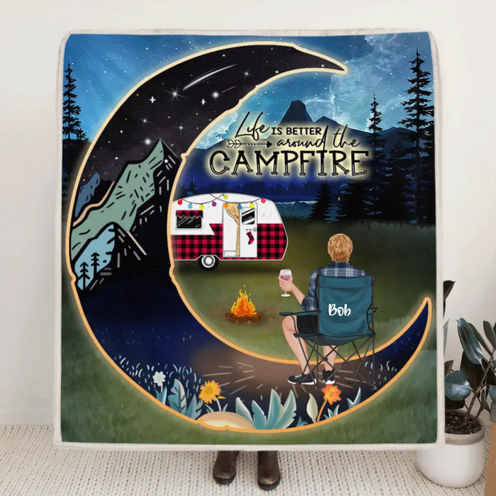 Custom Personalized Night Camping Moon Quilt/ Fleece Blanket - Man/ Woman/ Couple/ Parents With Upto 3 Kids And 5 Pets - Gift For Camping Lover - Life Is Better Around The Camfire