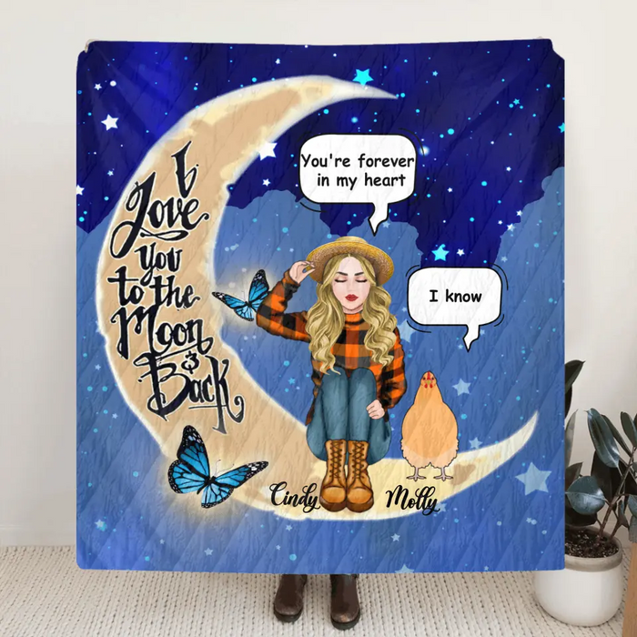 Custom Personalized I Love You To The Moon & Back Chicken Lover Quilt/ Fleece Blanket - Upto 5 Chickens