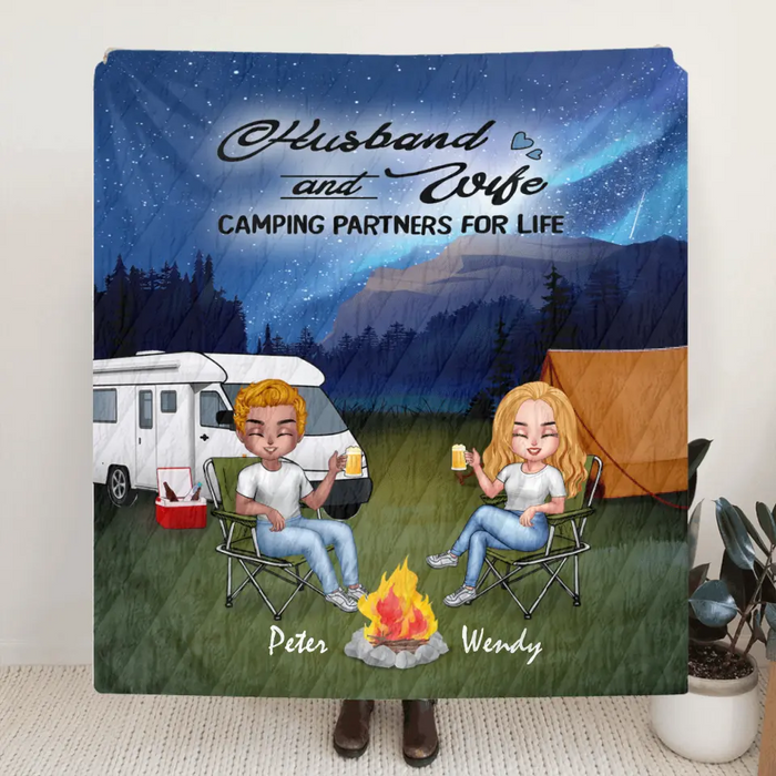 Custom Personalized Night Camping Chibi Quilt/ Fleece Blanket - Couple With Upto 3 Dogs - Gift Idea For Dog/ Camping Lover/ Couple - Husband And Wife Camping Partners For Life