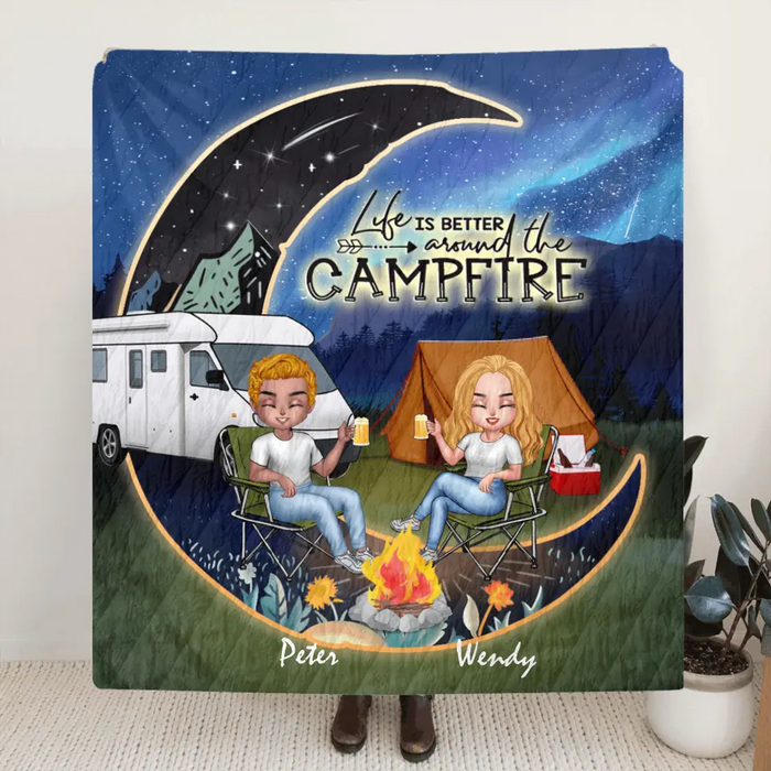 Custom Personalized Camping Moon Night Chibi Quilt/ Fleece Blanket - Couple With Upto 3 Dogs - Gift Idea For Camping Lover - Life Is Better Around The Campfire