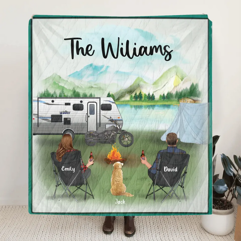 Personalized Couple Camping Quilt - Gift Idea For Camping Couple - Couple And 1 Pet - Custom Family Name