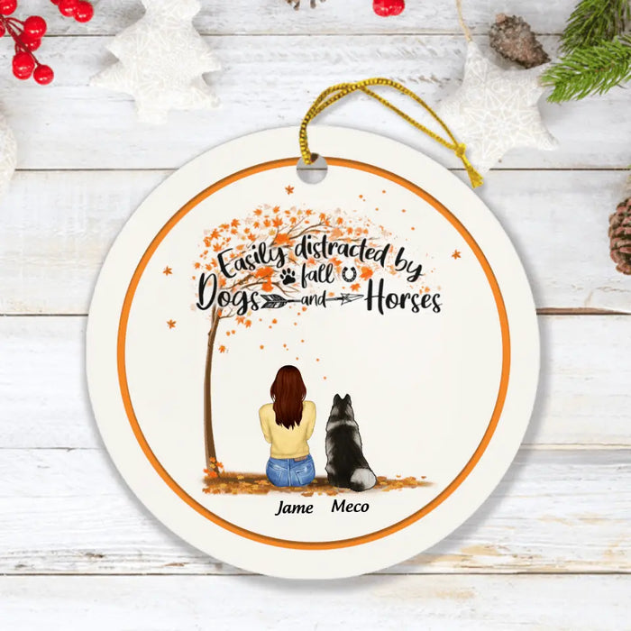 Custom Personalized Horse Dog Mom In Autumn Ornament - Upto 3 Horses/ Dogs - Easily Distracted By Fall Dogs And Horses
