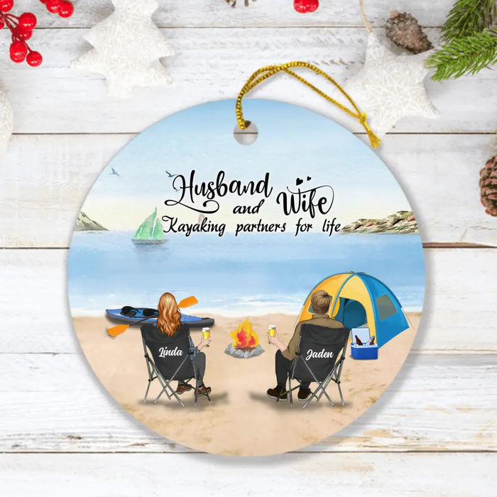 Custom Personalized Kayak Camping Ornament - Couple With Upto 3 Dogs - This Is Our Happy Place