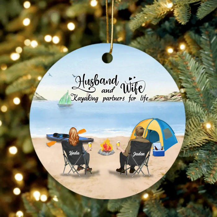 Custom Personalized Kayak Camping Ornament - Couple With Upto 3 Dogs - This Is Our Happy Place