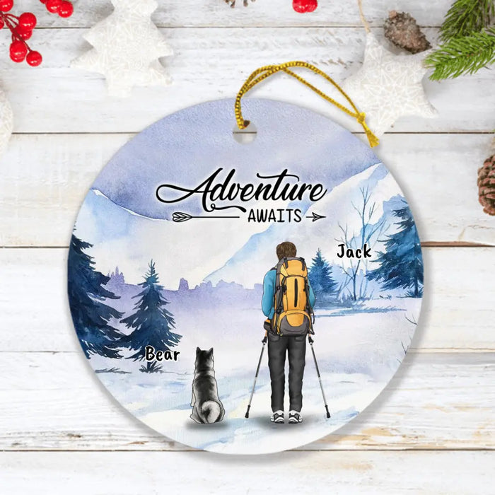 Custom Personalized Winter Hiking Ornament - Upto 2 Dogs - Best Gift For Hiking Lover - Adventure Awaits