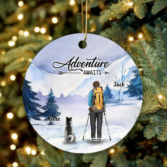 Custom Personalized Winter Hiking Ornament - Upto 2 Dogs - Best Gift For Hiking Lover - Adventure Awaits