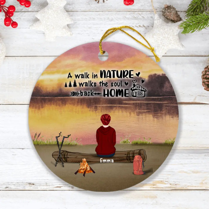 Custom Personalized Hiking Ornament - Man/ Woman/ Couple/ Parents With Upto 6 Pets And 4 Kids - Gift For Hiking Lover - Head For The Hills