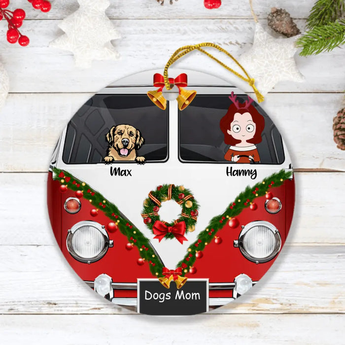 Custom Personalized Dog Mom With Camping Van Ornament - Mom With Upto 4 Dogs - Christmas Gift For Dog Lover