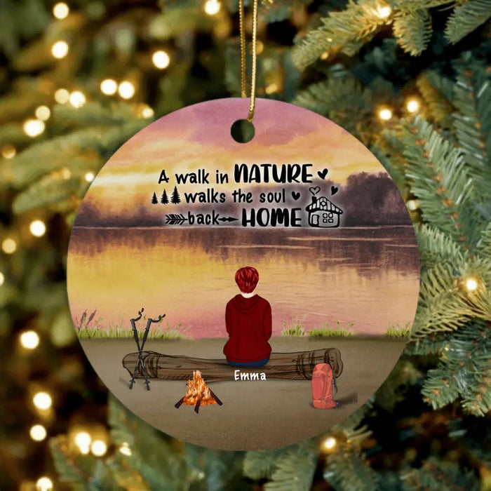 Personalized Hiking Ornament - Man/ Woman/ Couple/ Parents With Upto 6 Pets And 4 Kids - Gift For Hiking Lover - Head For The Hills