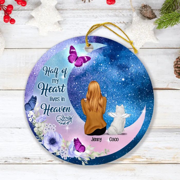 Custom Personalized Memorial Pet Mom Flower Moon Ornament - Woman With Upto 4 Pets - Best Gift For Cat/ Dog Lover - Half Of My Heart Lives In Heaven