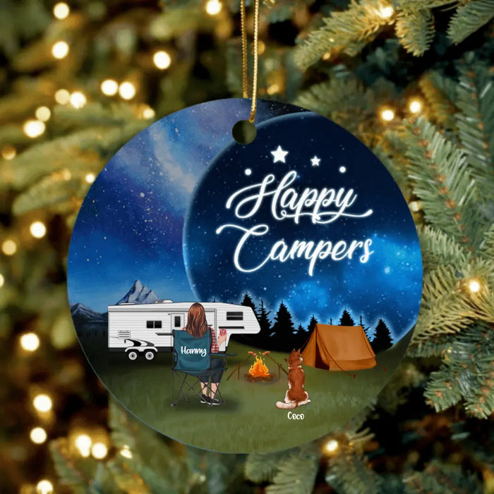 Custom Personalized Camping Moon Ornament - Solo/ Couple With Upto 4 Pets - Best Gift For Camping Lover - Happy Campers