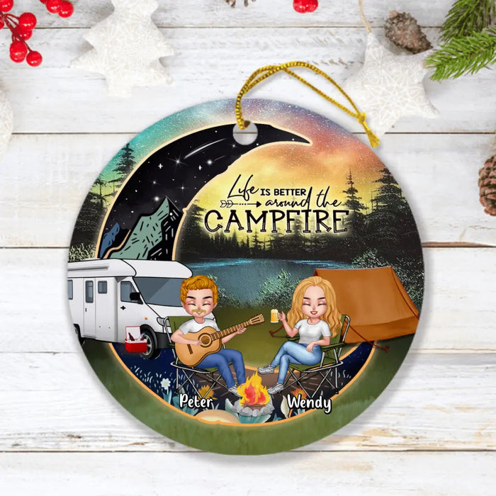 Custom Personalized Camping Moon Ornament - Gift Idea For Camping Lover/ Couple/ Dog Lover - Couple With Upto 3 Dogs - Life Is Better Around The Campfire