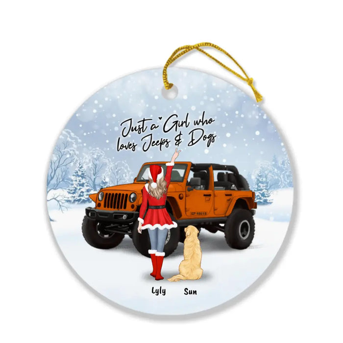 Personalized Christmas Off-Road Girl Circle Ornament - Girl With Upto 4 Pets - Christmas Gift For Dog/ Cat Lover