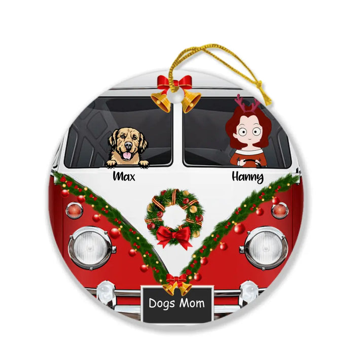 Personalized Dog Mom With Camping Van Ornament - Mom With Upto 4 Dogs - Christmas Gift For Dog Lover