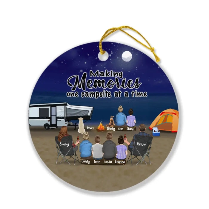 Custom Personalized Beach Camping Ornament -  Upto 6 Kids, 2 Pets - Best Gift For Camping Lover - Making Memories One Campsite At A Time