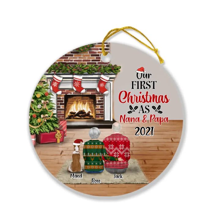 Custom Personalized First Christmas As Nana & Papa Ornament - Couple With Upto 4 Pets - Christmas Gift For Dog/ Cat Lover