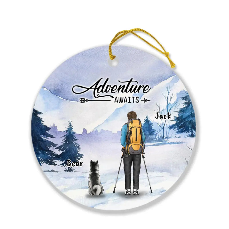 Personalized Winter Hiking Ornament - Up to 2 Dogs - Best Gift For Hiking Lover - Adventure Awaits