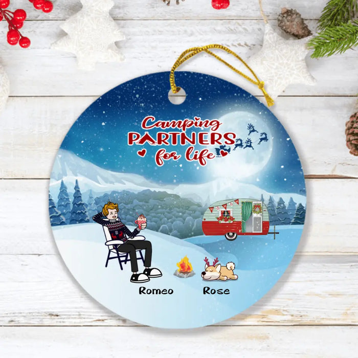 Custom Personalized Christmas Camping Ornament - Adult/ Couple With Upto 6 Pets - Christmas Gift For Dog/ Cat Lover - Camping Partners For Life