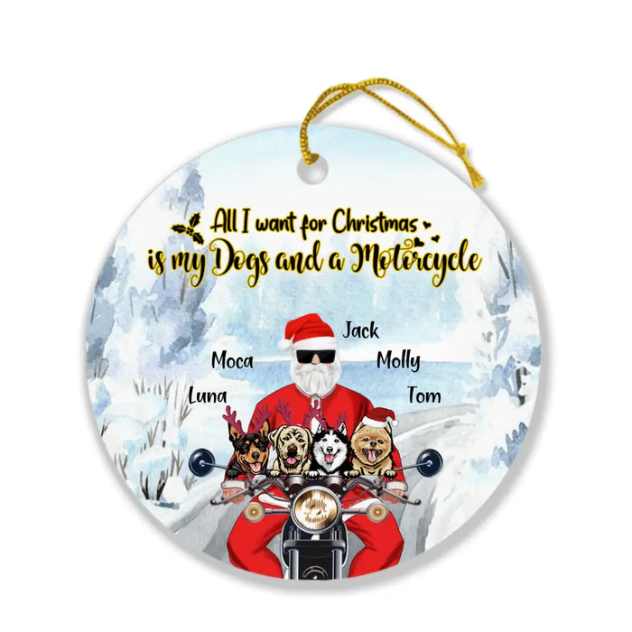 Custom Personalized Christmas Biker With Dogs Ornament - Upto 4 Dogs - Christmas Gift For Dog Lover - All I Want For Christmas Is My Dogs And A Motorcycle
