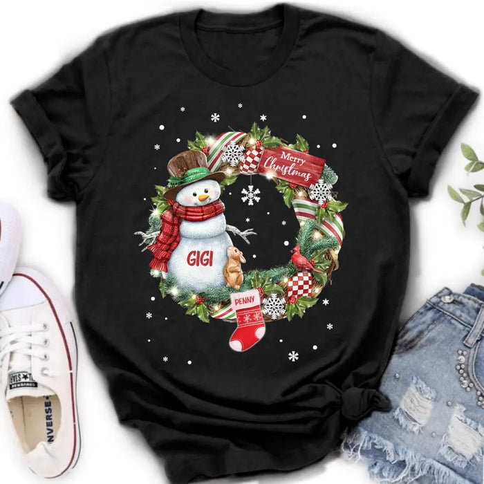 Custom Personalized Grandma Mom Snowman Christmas Wreath Shirt/Hoodie - Christmas Gift For Grandma/ Nana/ Mother -  Up to 10 Kids