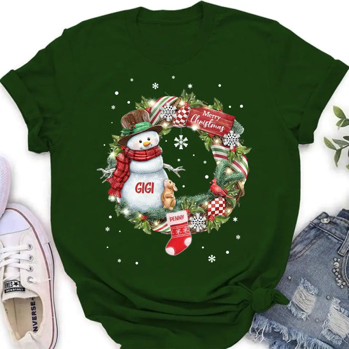 Custom Personalized Grandma Mom Snowman Christmas Wreath Shirt/Hoodie - Christmas Gift For Grandma/ Nana/ Mother -  Up to 10 Kids