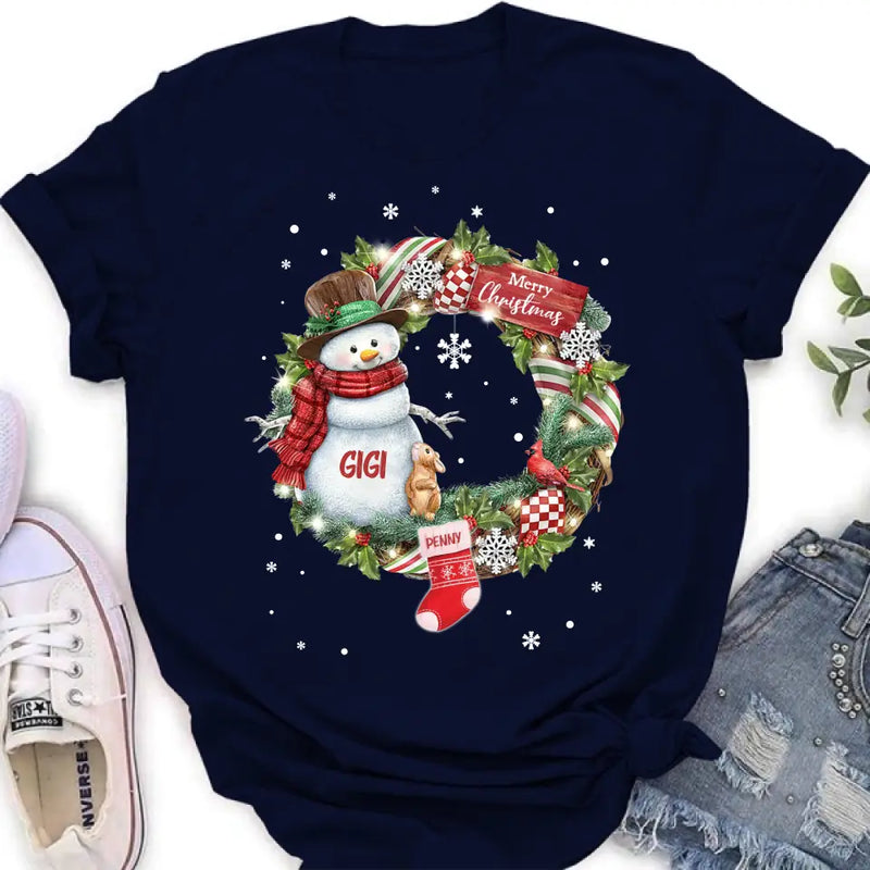 Personalized Grandma Mom Snowman Christmas Wreath Shirt/Hoodie - Christmas Gift For Grandma/Nana/Mother -  Up to 10 Kids