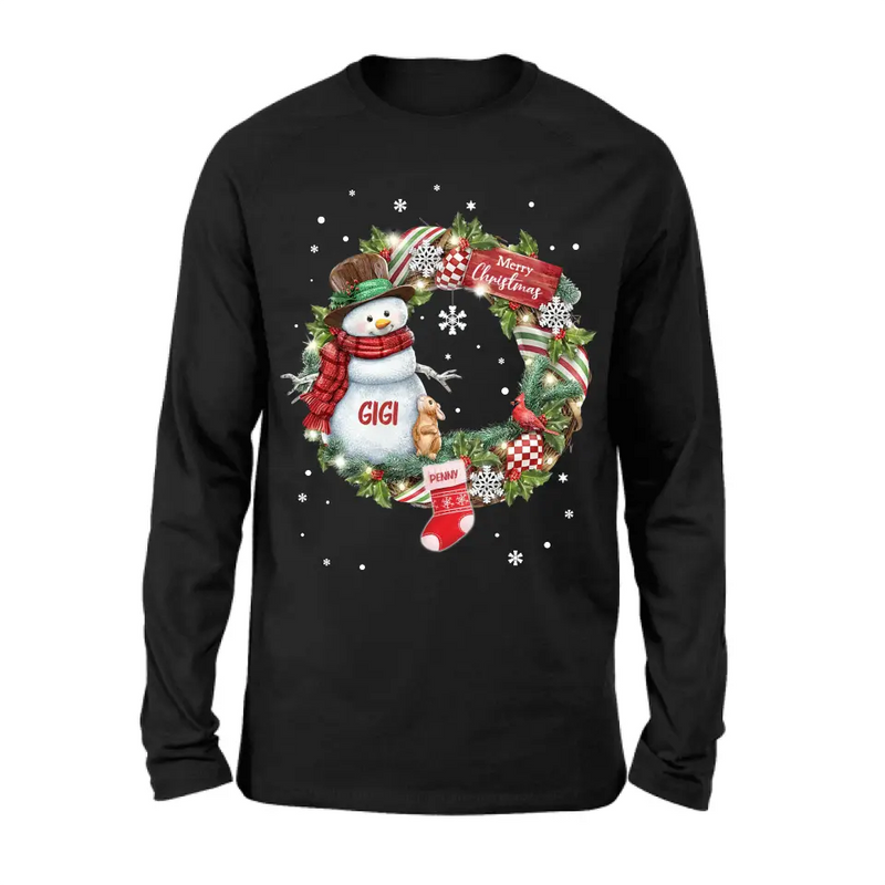 Personalized Grandma Mom Snowman Christmas Wreath Shirt/Hoodie - Christmas Gift For Grandma/Nana/Mother -  Up to 10 Kids