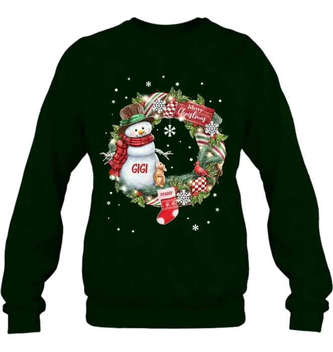 Custom Personalized Grandma Mom Snowman Christmas Wreath Shirt/Hoodie - Christmas Gift For Grandma/ Nana/ Mother -  Up to 10 Kids