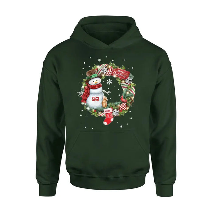 Custom Personalized Grandma Mom Snowman Christmas Wreath Shirt/Hoodie - Christmas Gift For Grandma/ Nana/ Mother -  Up to 10 Kids