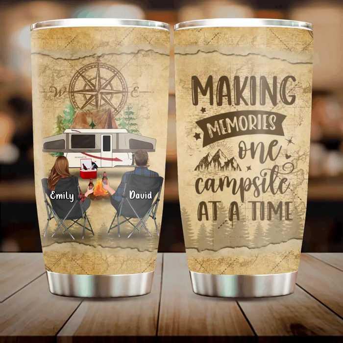 Custom Personalized Camping Tumbler - Couple/Parents With Upto 3 Pets - Gift Idea For Couple/Camping Lover - Making Memories One Campsite At A Time